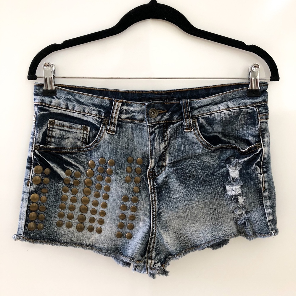 High Waisted Acid Wash Studded Denim Jean Shorts